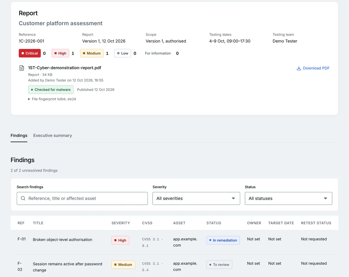 A published report in the client portal, with its findings listed by severity and status.