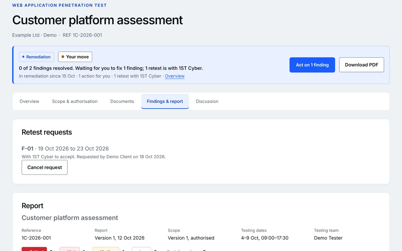 A retest request for a finding in the client portal, waiting for 1ST Cyber to accept it.