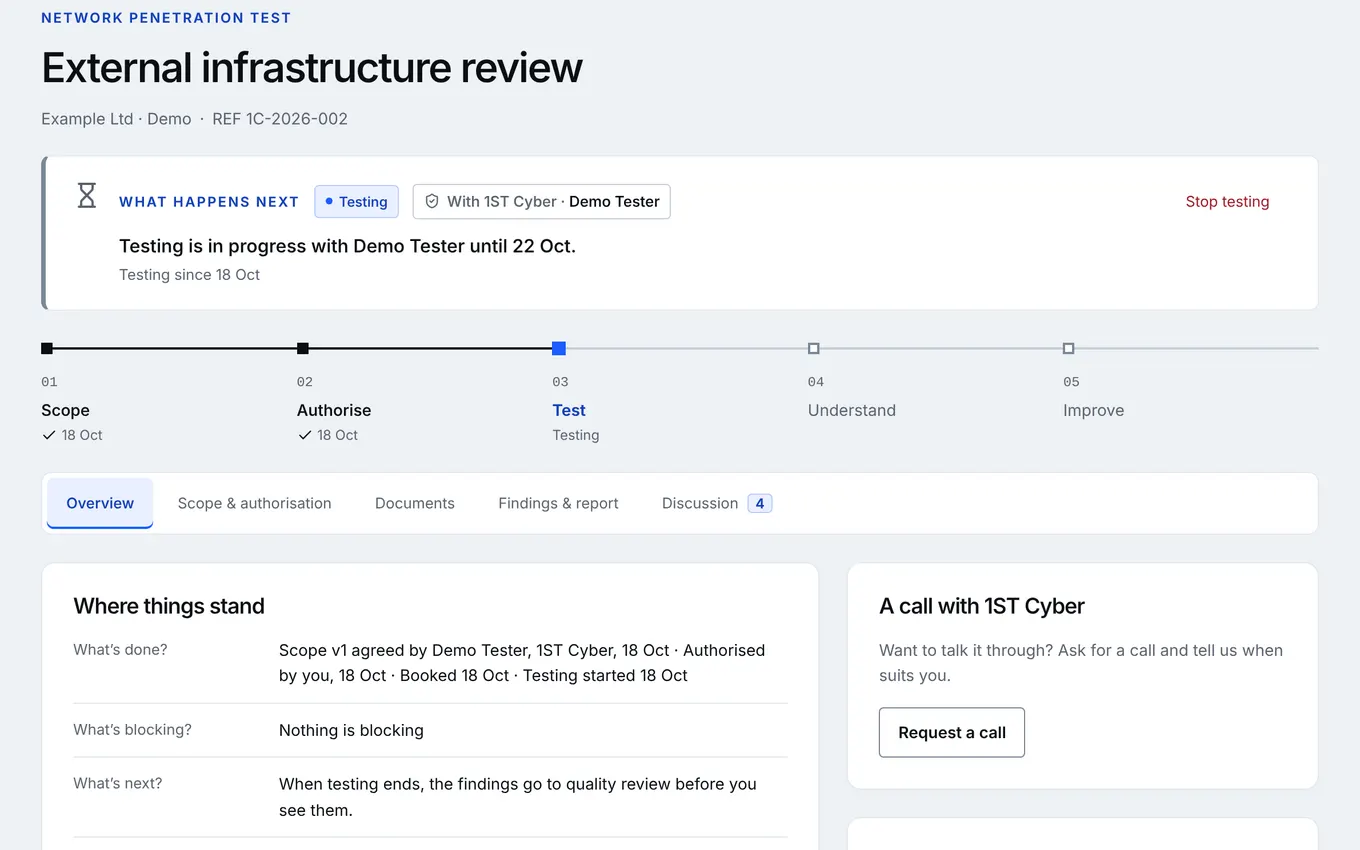 An engagement in testing in the client portal, showing where things stand and the latest activity.
